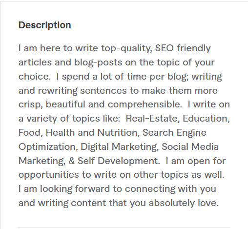 Fiverr descrizione del profilo esempio 4 - scrittura del blog