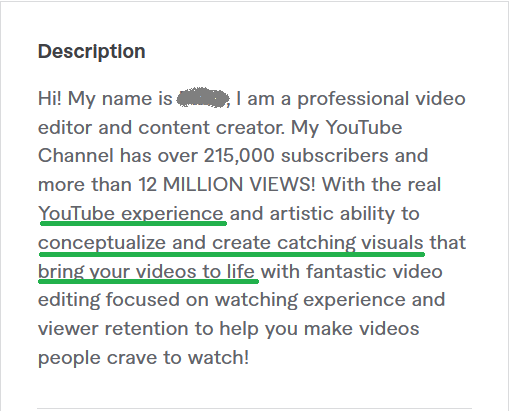 Exemple 2 de description de profil Fiverr - montage vidéo